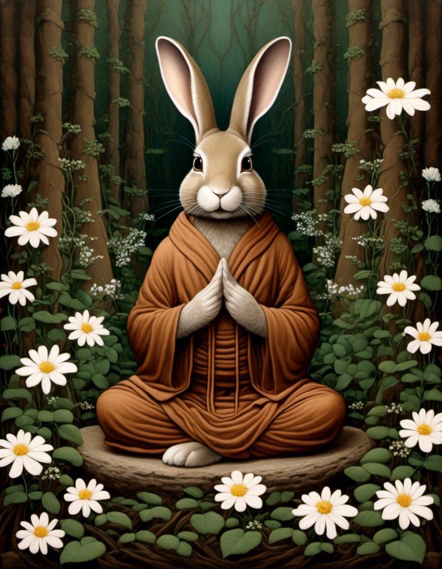 Meditating Rabbit Monk in Magical Forest