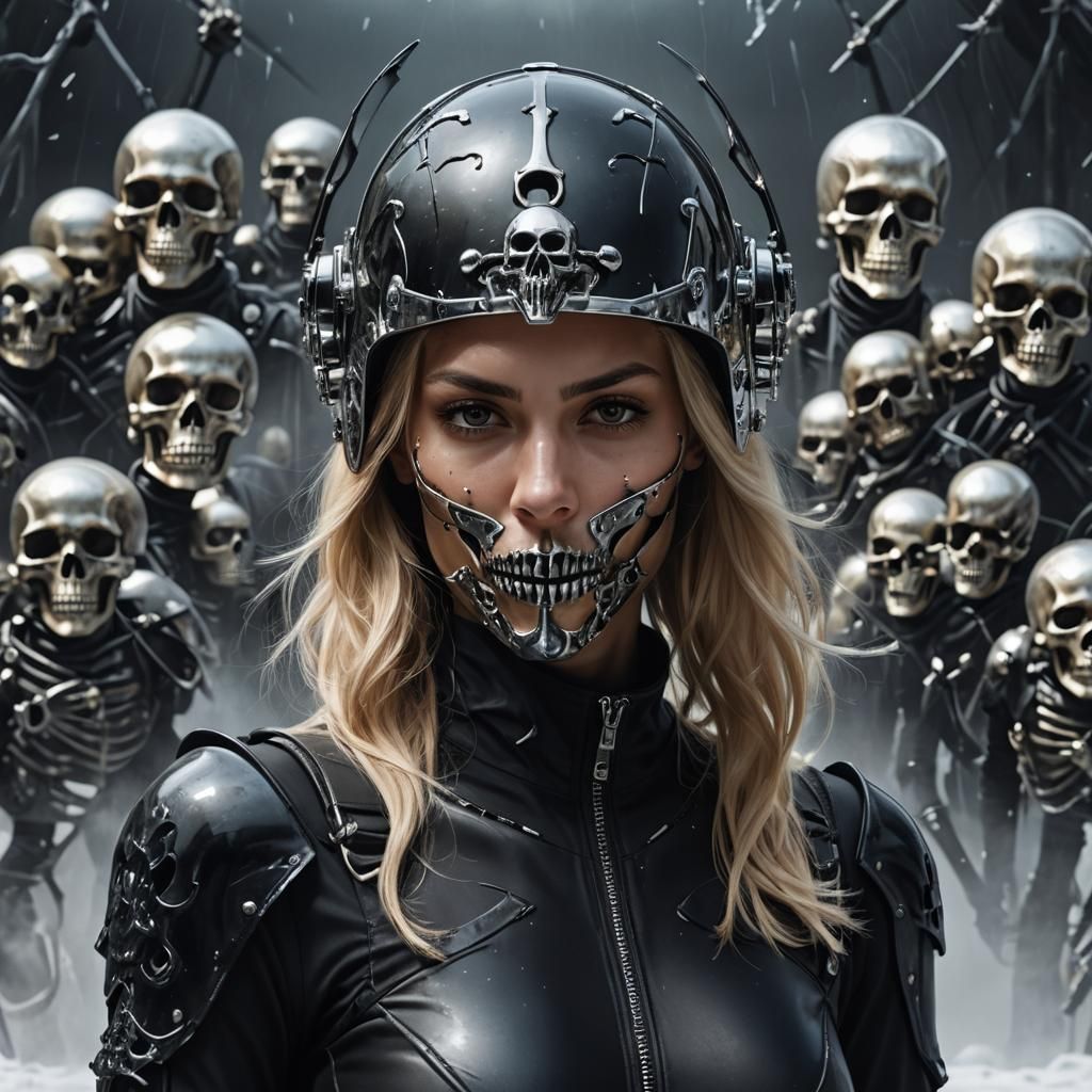 Dark Fantasy Woman Warrior with Metal Skull Armor