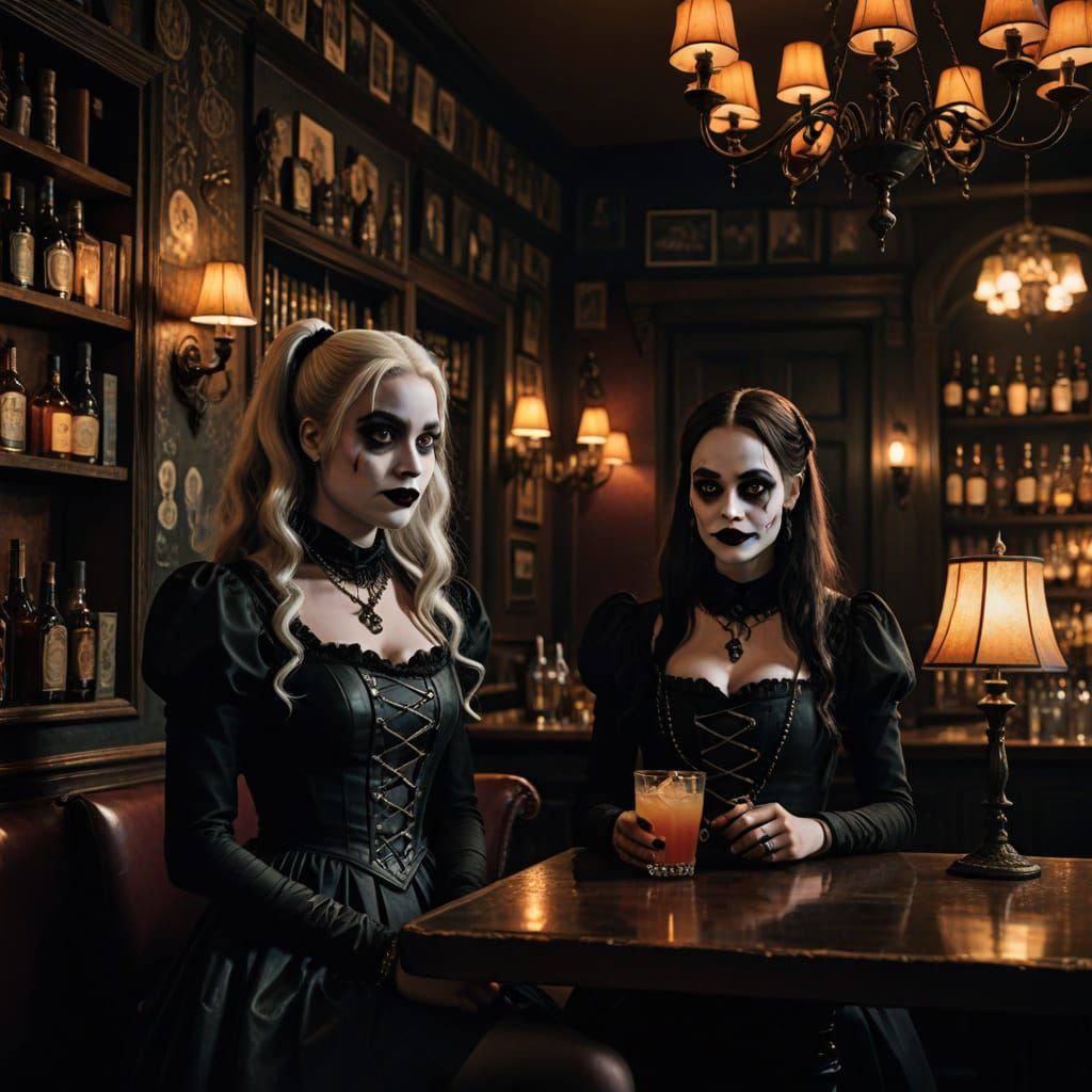 Gothic Noir Bar Scene with Harley Quinn and Wednesday Addams