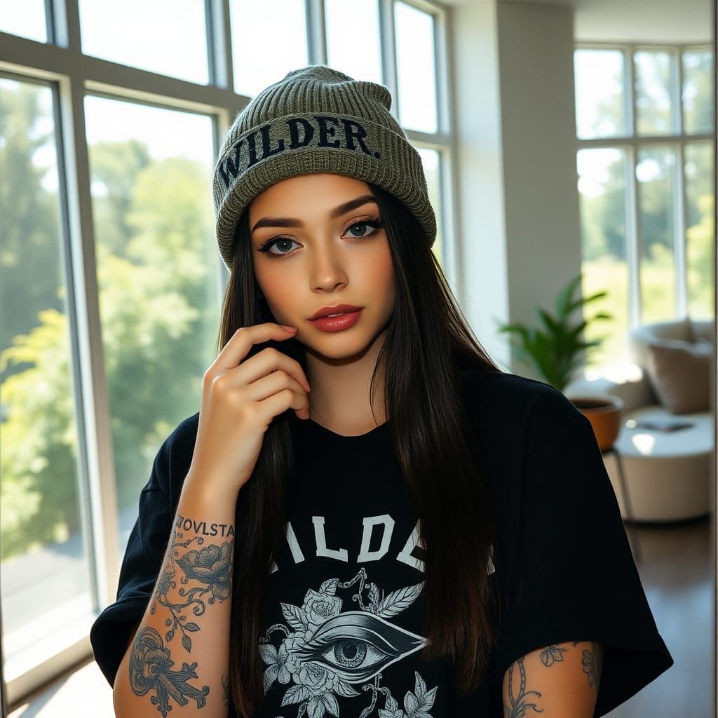 Mirror Selfie of Woman with Tattoos and Green Beanie