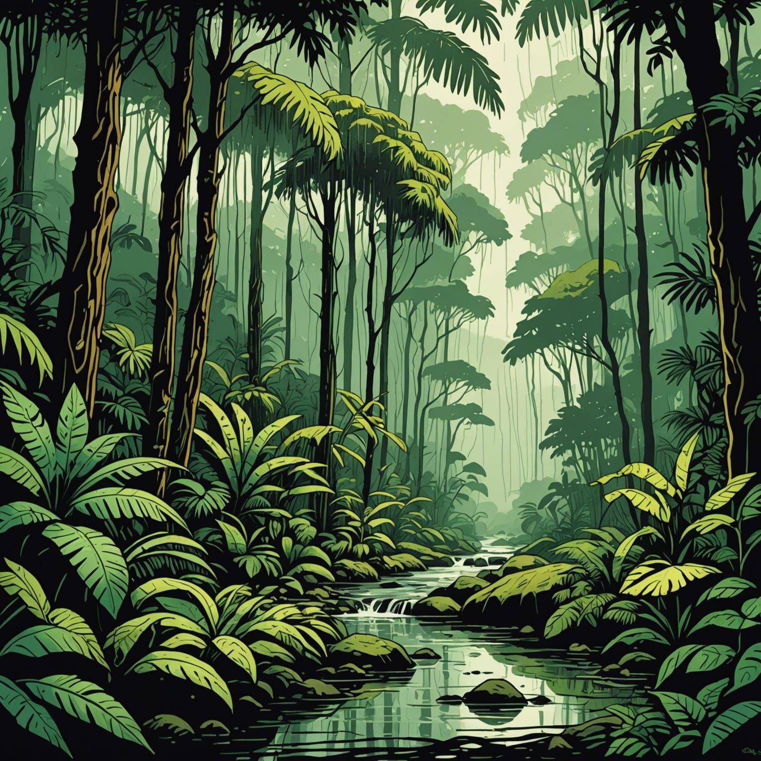 Rainforest Scene in Ink Drawing Style