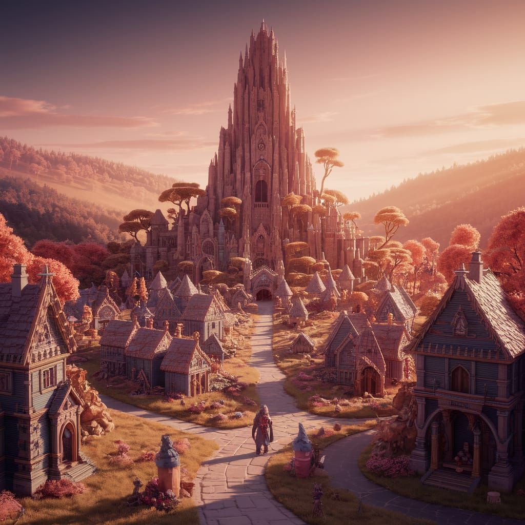Enchanting Miniature Fantasy Village at Sunset
