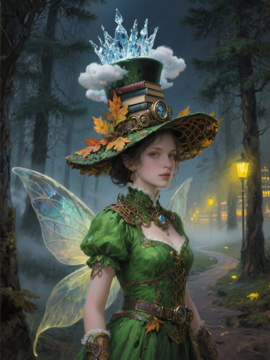 Steampunk Fairy in Misty Forest, Oil Painting Style