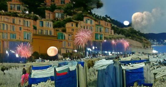 Italian Riviera Fireworks Under Moonlight