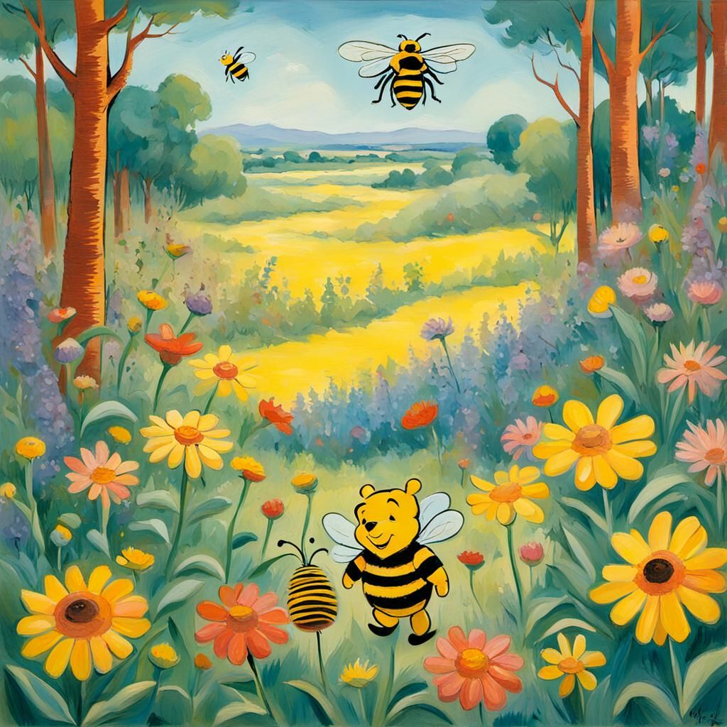 Expressionist Bee Visits Flower in Pooh's World