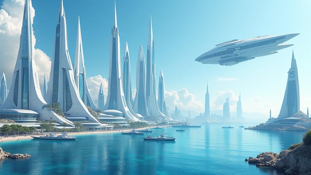 Futuristic Cityscape with White Skyscrapers and Spaceship