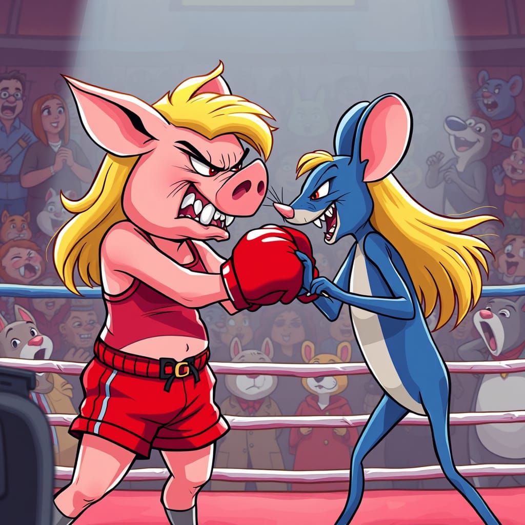 Cartoon Pig and Mouse Boxing Match in Vibrant Style