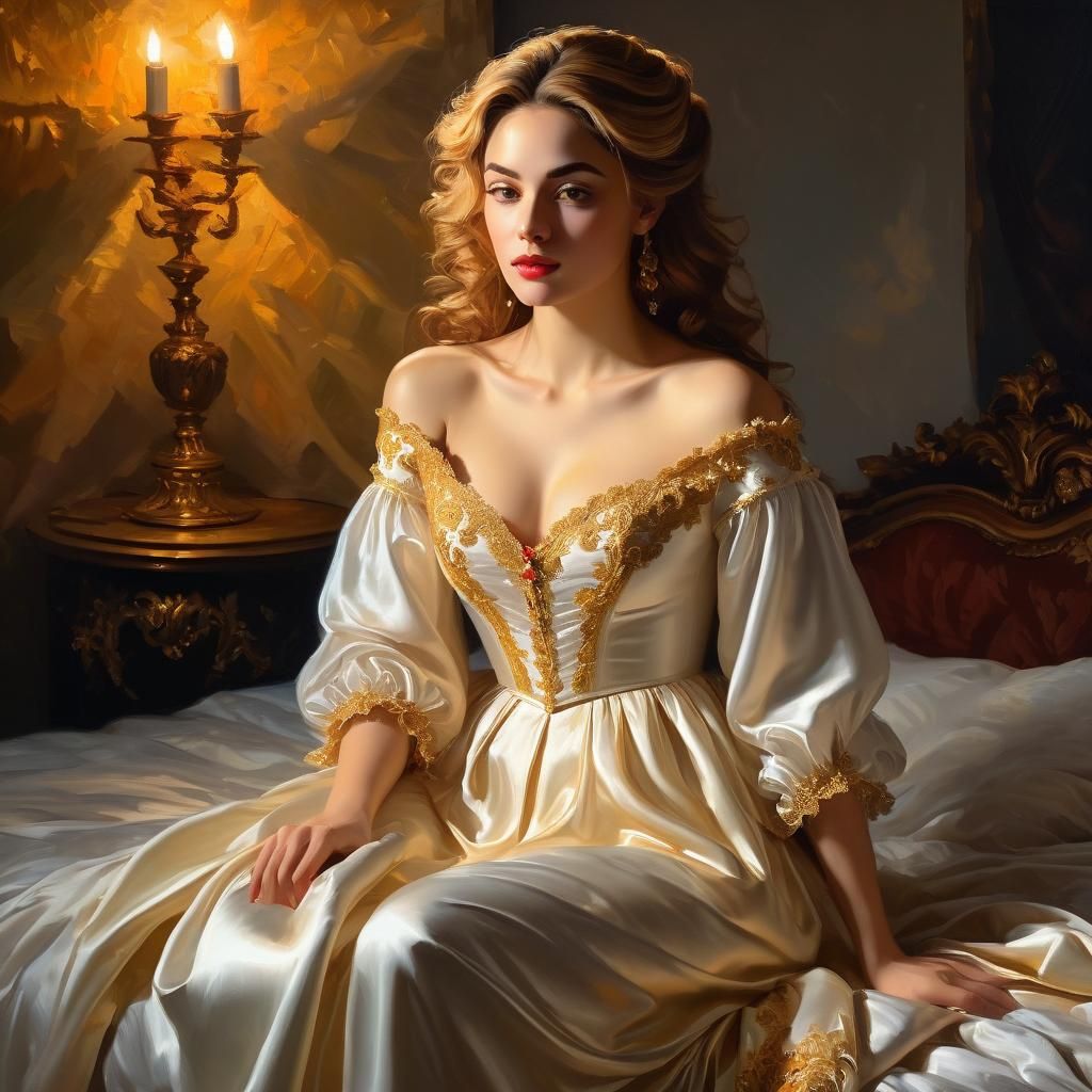 Sensual Woman in Bedroom, Impasto Oil Painting