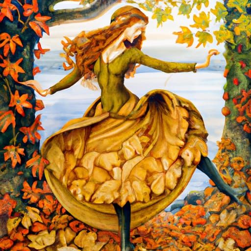 Art Nouveau Mother Dancing in Autumn Leaves
