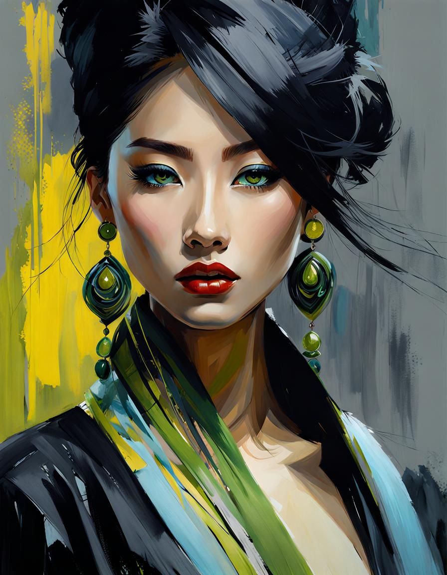 Beautiful Asian woman, fashion show, rough texture, dark bla...