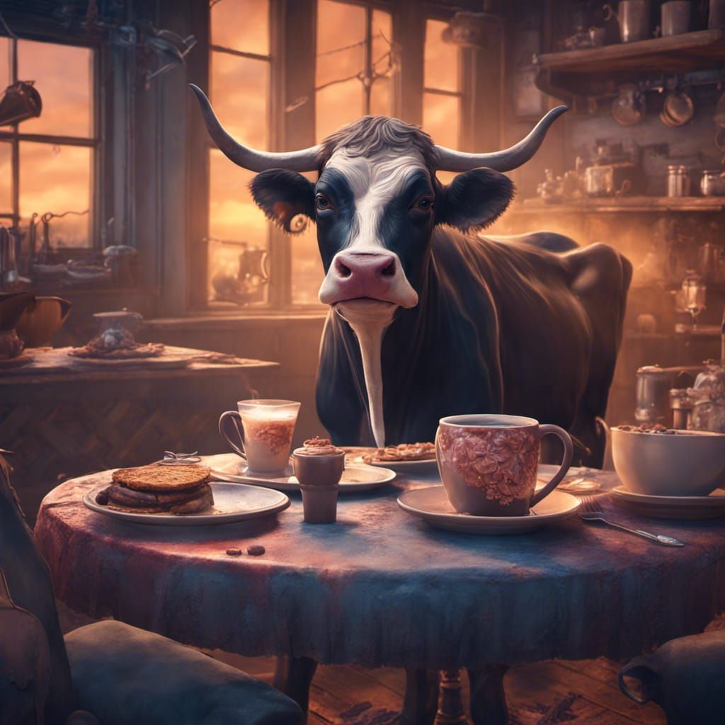 Fantastical Coffee Cow Breakfast Scene: Digital Art