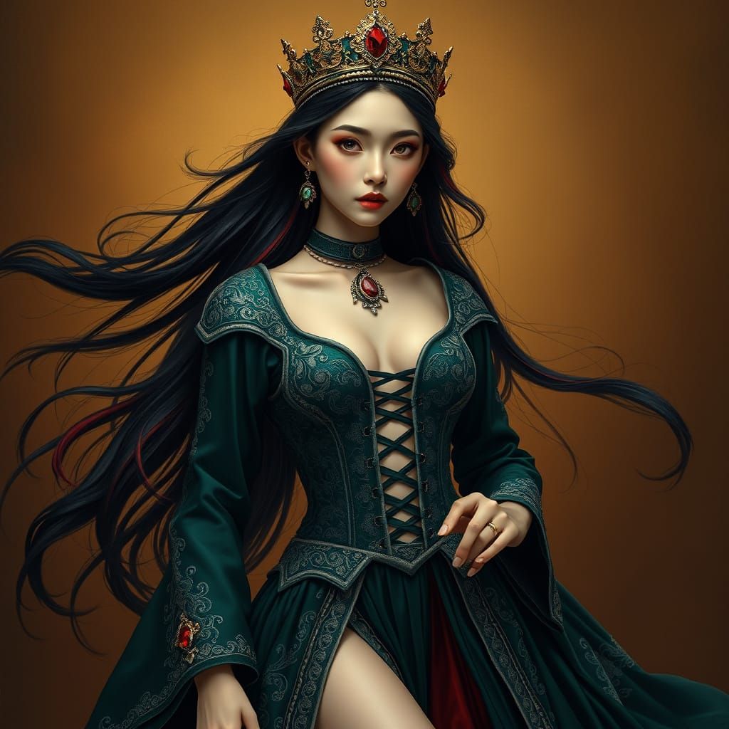 Mongolian Woman in Emerald Gown: Fantasy Baroque Art