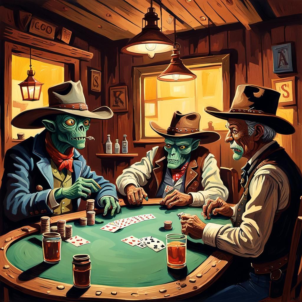 Whimsical Western Saloon Scene with Alien Patrons
