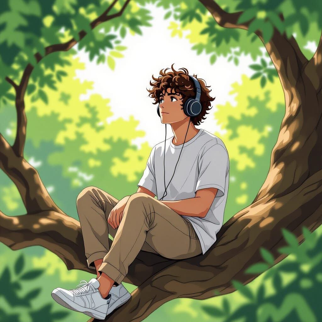 Man Listening to Music in Anime Illustration Style