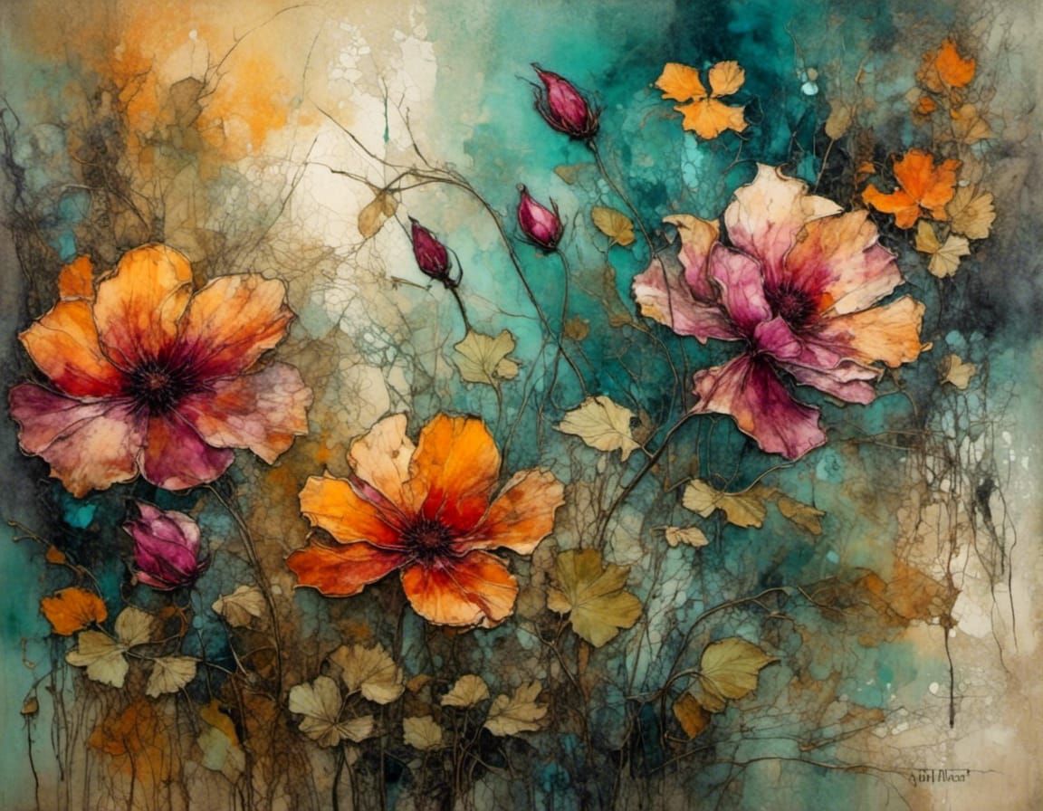 Botanical Floral Art Nouveau Scene with Painterly Texture