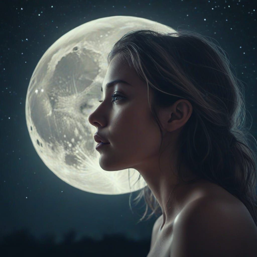 Dreamlike Double Exposure: Woman Under the Stars