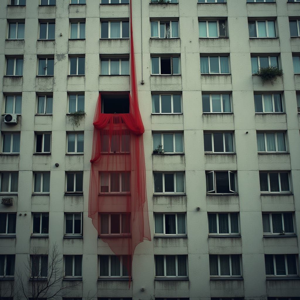 Soviet-Era Concrete Flats with Red Curtain