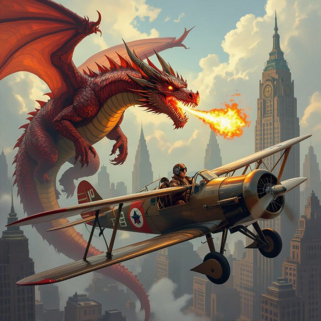 Dragon and Biplane Dog Soaring Through Art Deco City