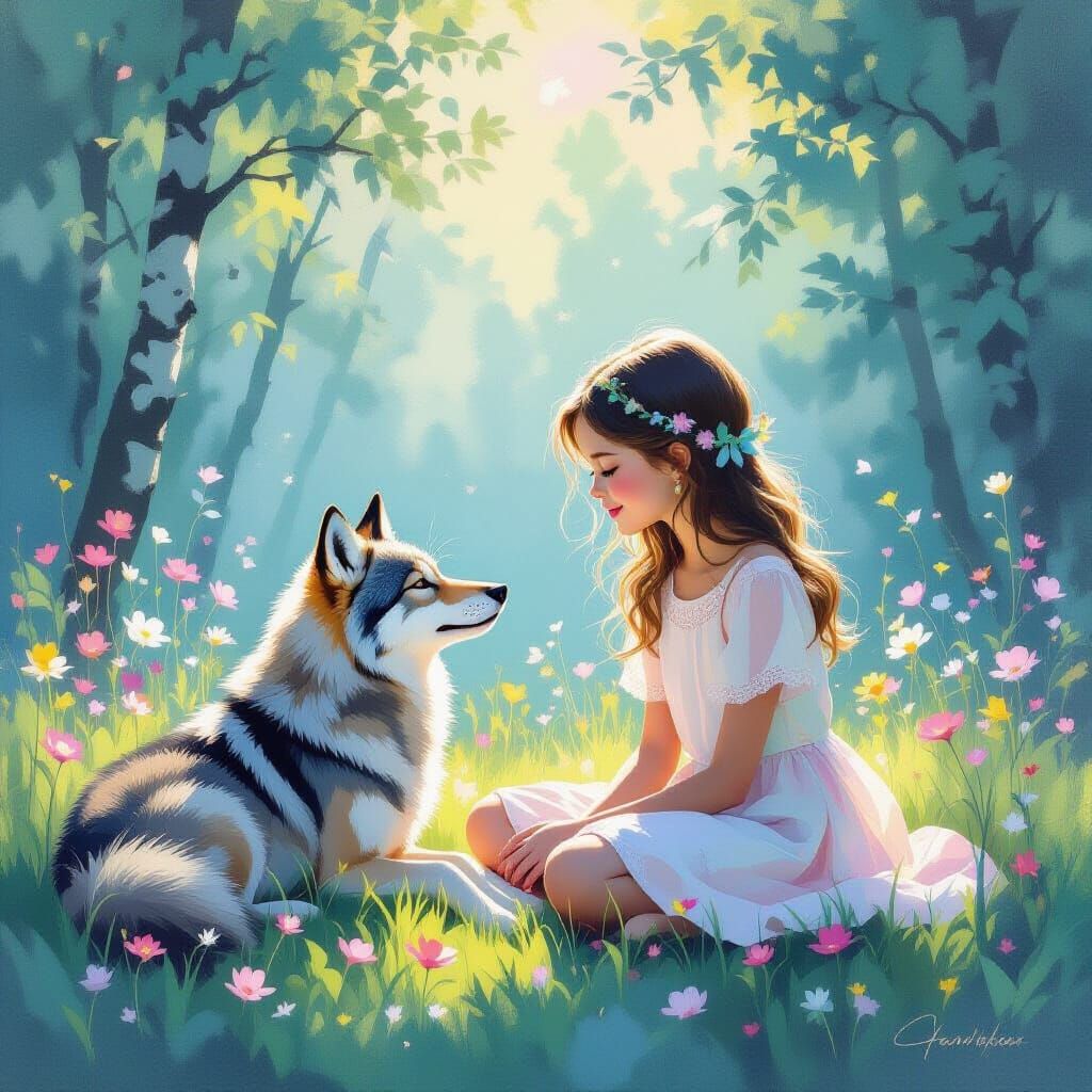 Girl and Wolf Playful Minimalist Painting