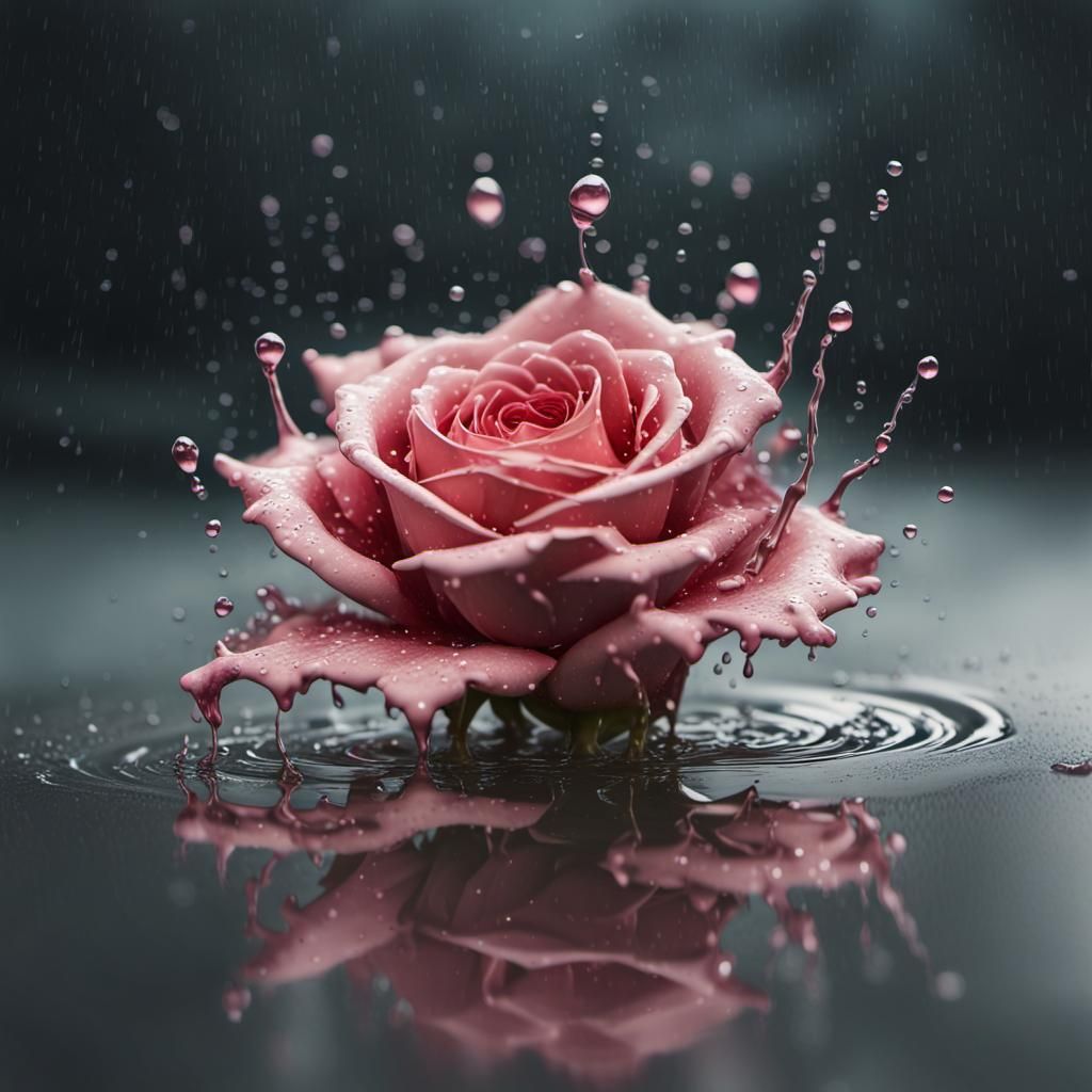 Rose in Rain Puddle: Photorealistic CGI Fine Art