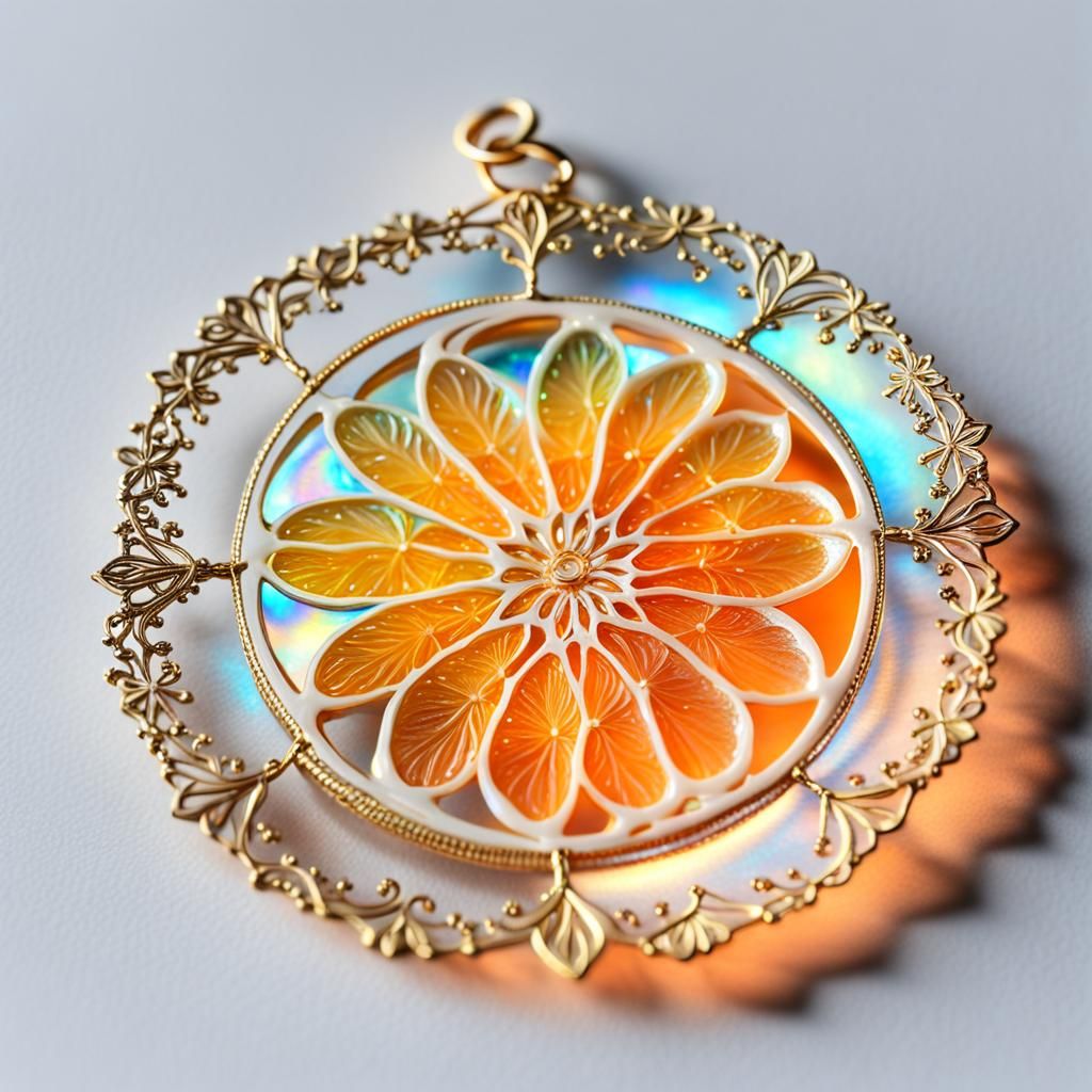 Iridescent Glass Orange Slice with Golden Accents