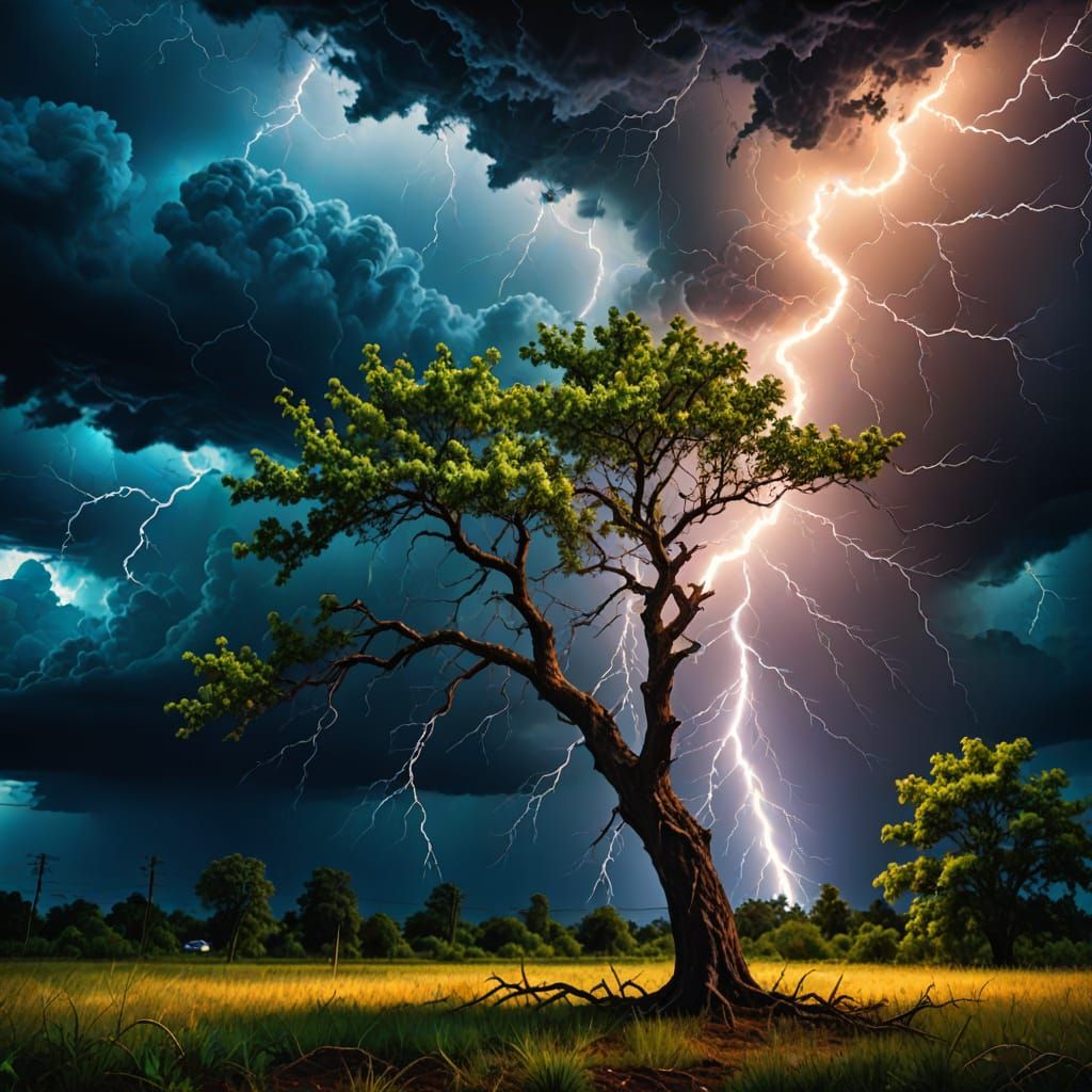 Dramatic Lightning Strikes Tree in Oil Painting Style