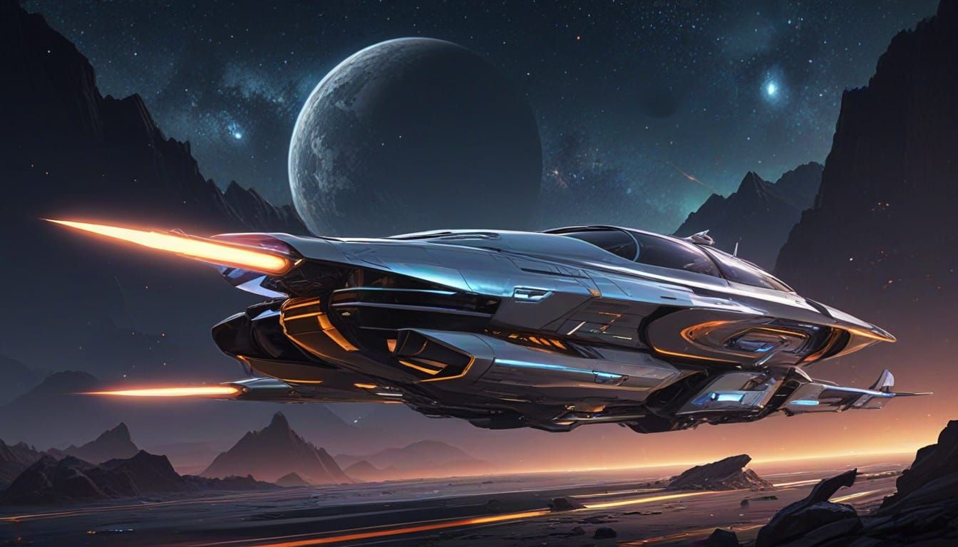 Sleek, Neon-Lit Space Yacht in Futuristic Galaxy