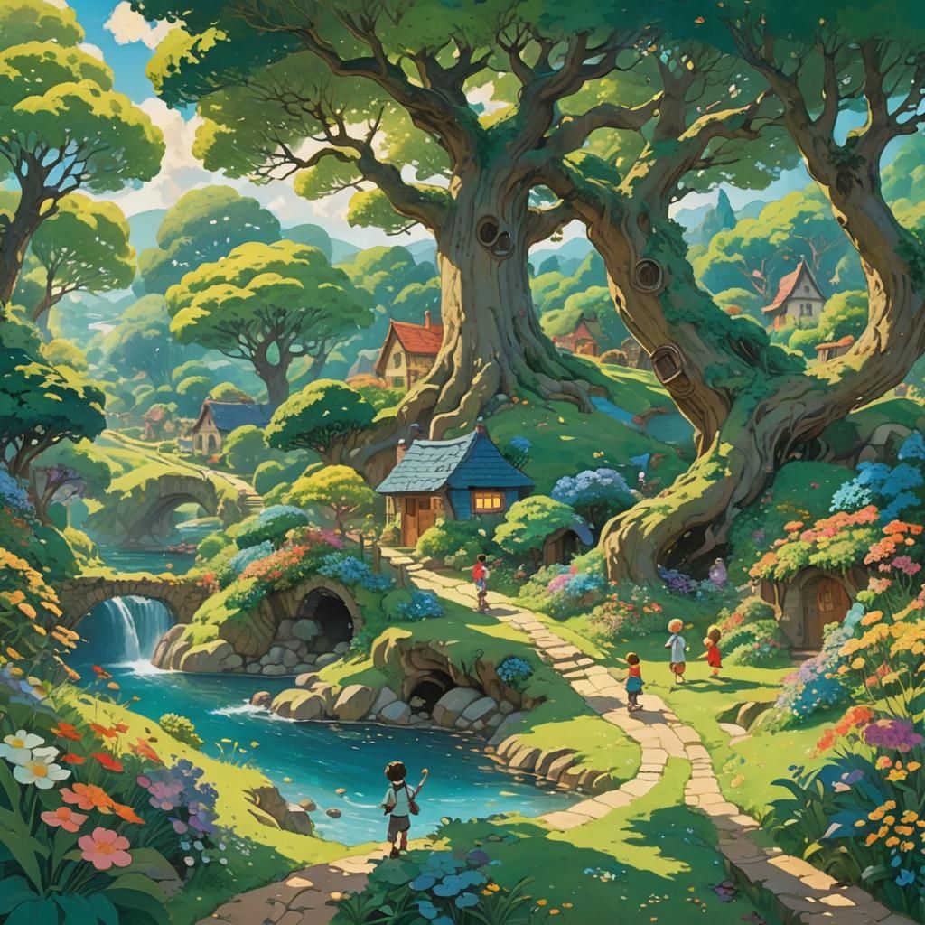 Children Playing in Lush Fantasy Hamlet