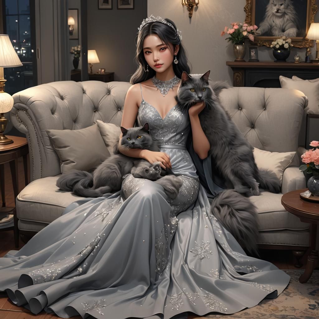 Malay Girl with Nebelung Cat in 3D Anime Art