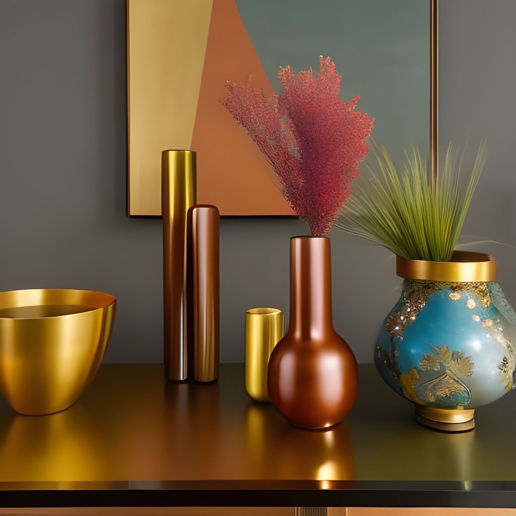 Teak Vase with Ceramic and Metal Flowers