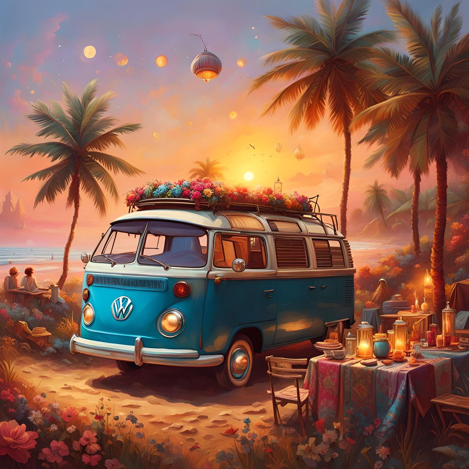 Retro VW Bus Beach Camping in Ornate Style