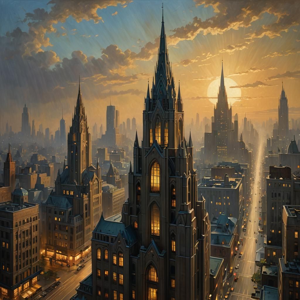 Art Deco Metropolis with Gothic Spires at Dusk