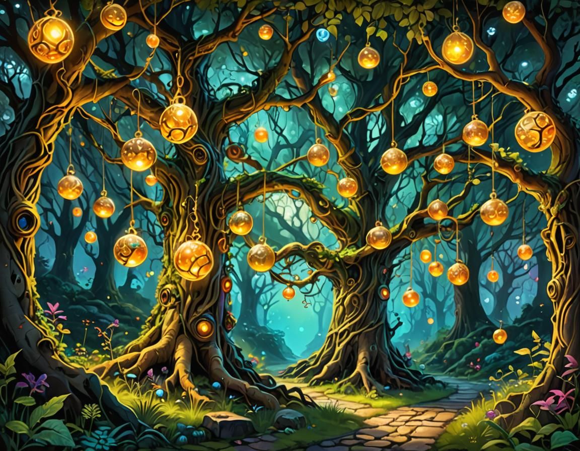 Enchanted Forest Scene with Golden Orbs, Graffiti Art