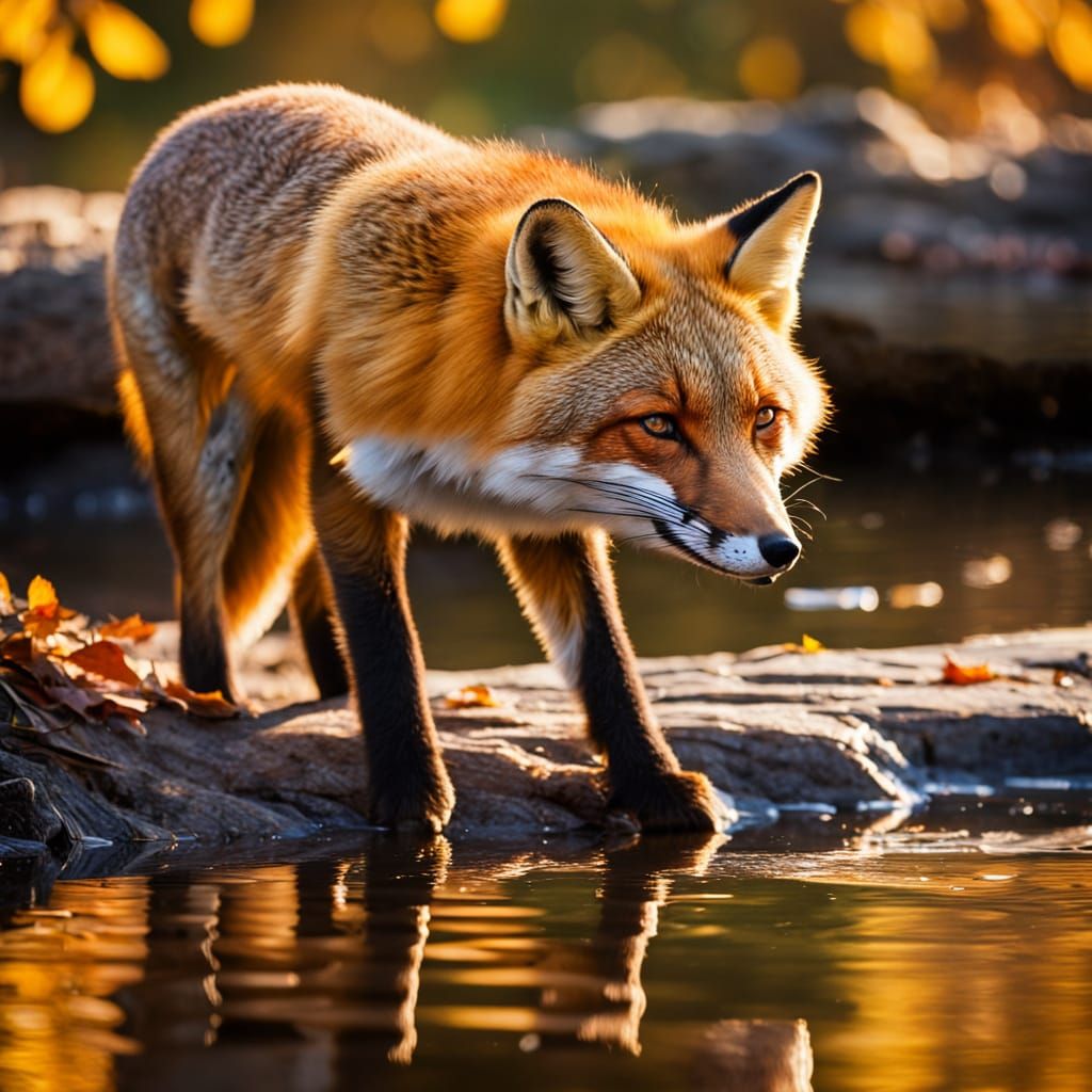 Fox at Rest: Photorealistic Riverbank Scene