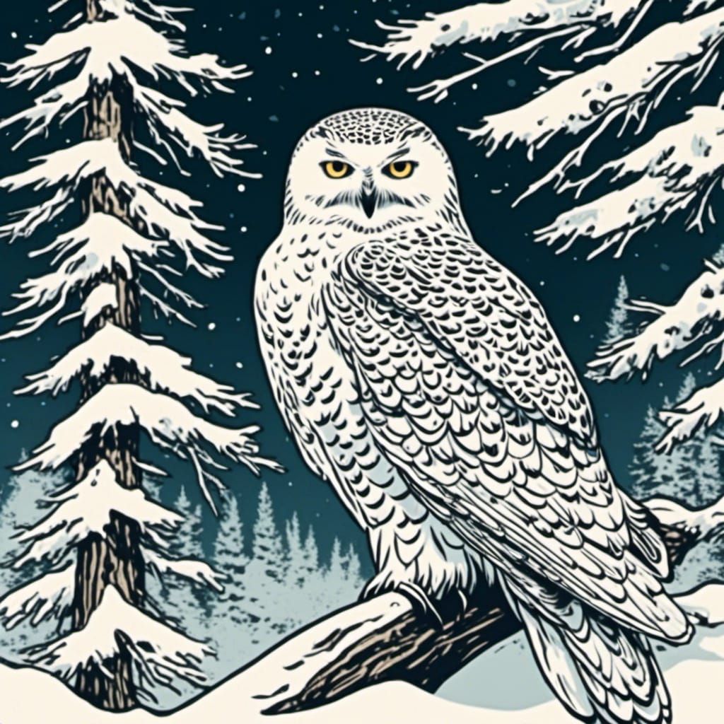 Snowy Owl Over Winter Landscape in Screen Print