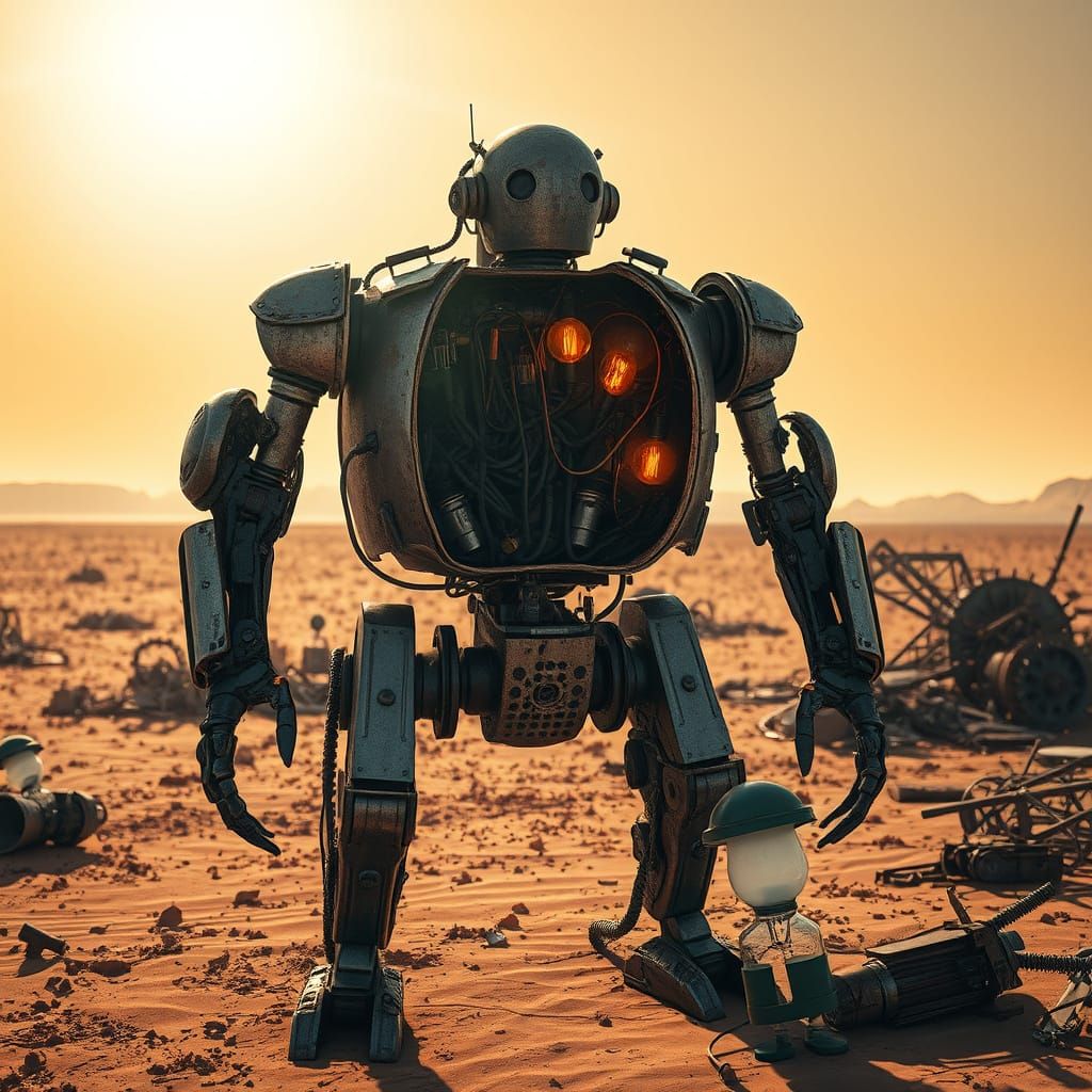 Rusting Bipedal Robot in Dystopian Desert Landscape