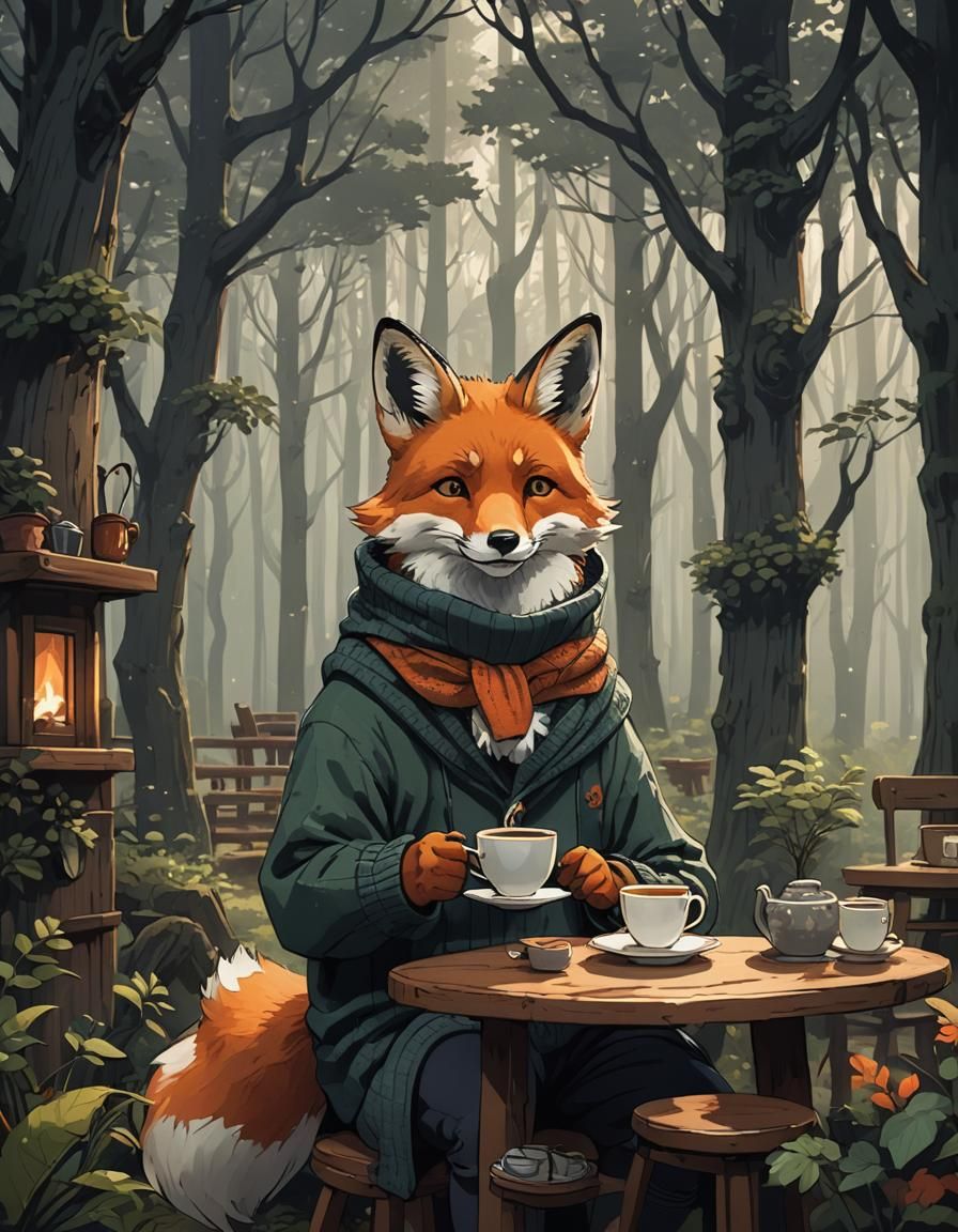 Humanoid Fox Having Coffee in Cozy Ghibli House