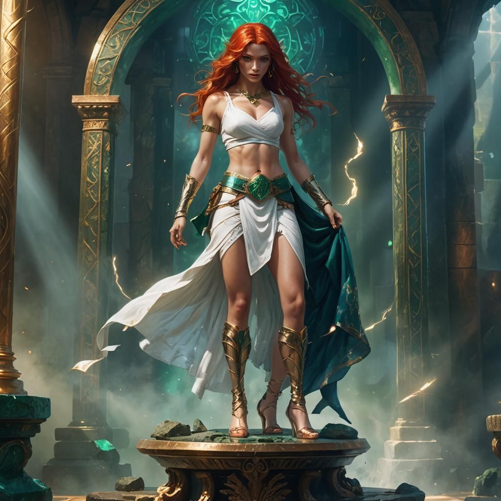 Mystical Female Fighter on Pedestal in Fantasy Art