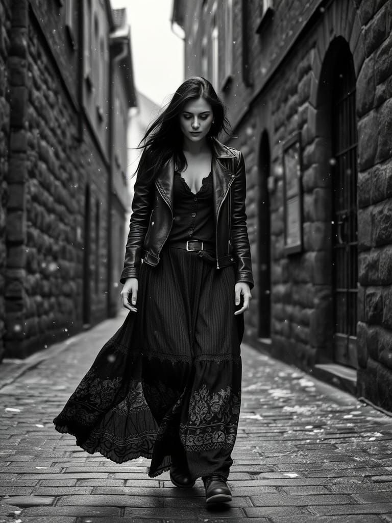 Woman in Boho Chic Winter Outfit Walks Quaint Danish Street