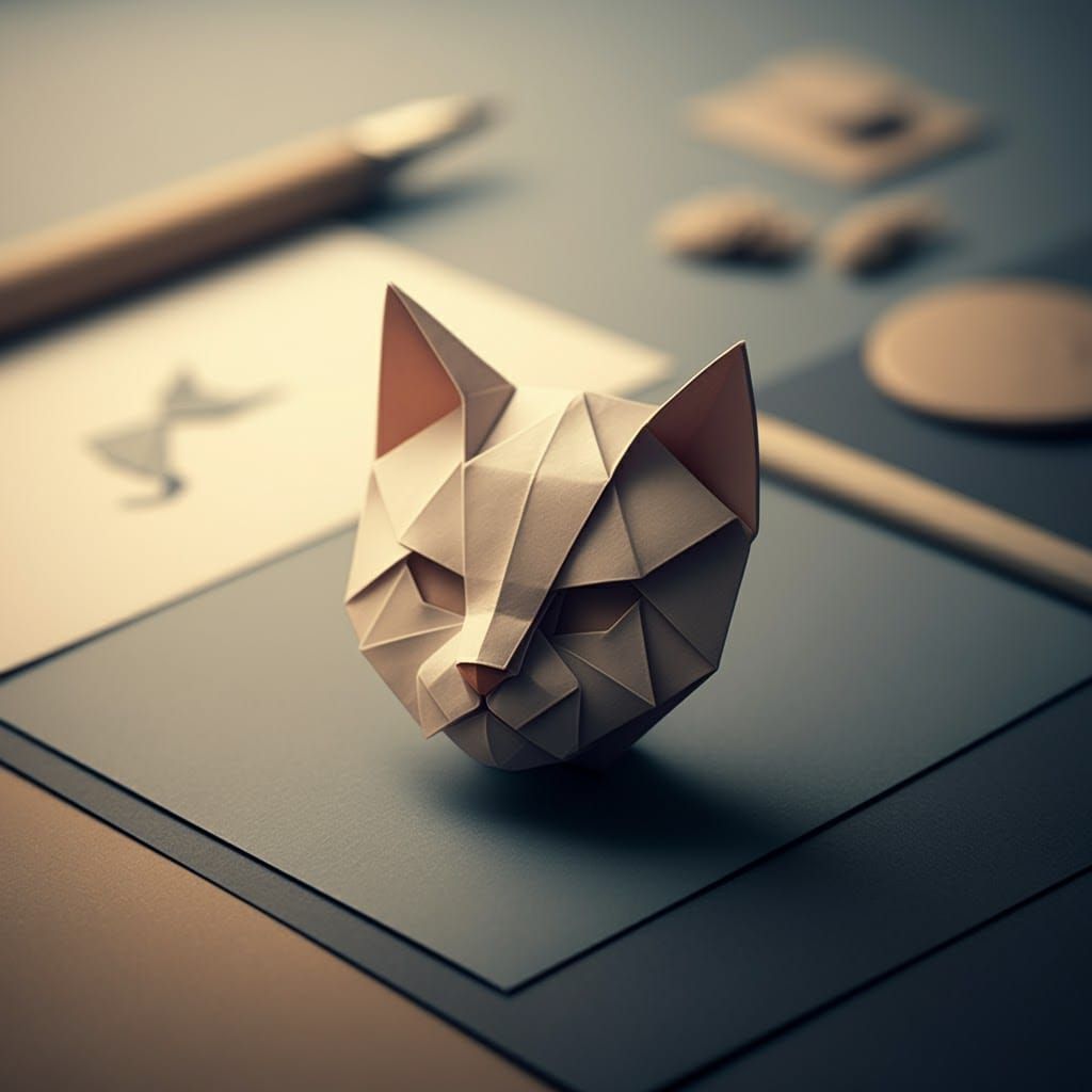 Minimalist Origami Cat Logo on Gradient Background