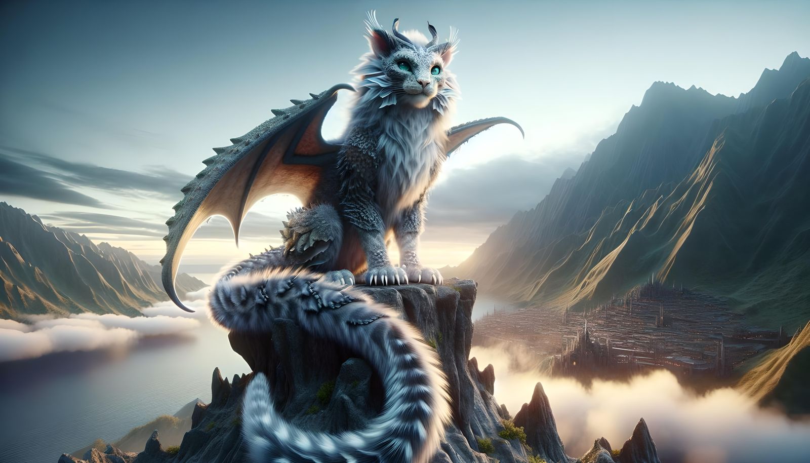 Majestic Cat-Dragon Hybrid Overlooking Elvin City in 3D