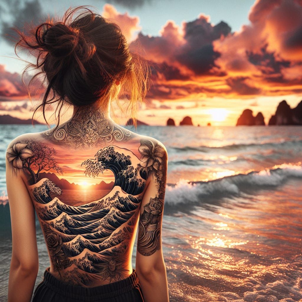 Woman and Sunset: Serene Ocean Scene with Back Tattoo