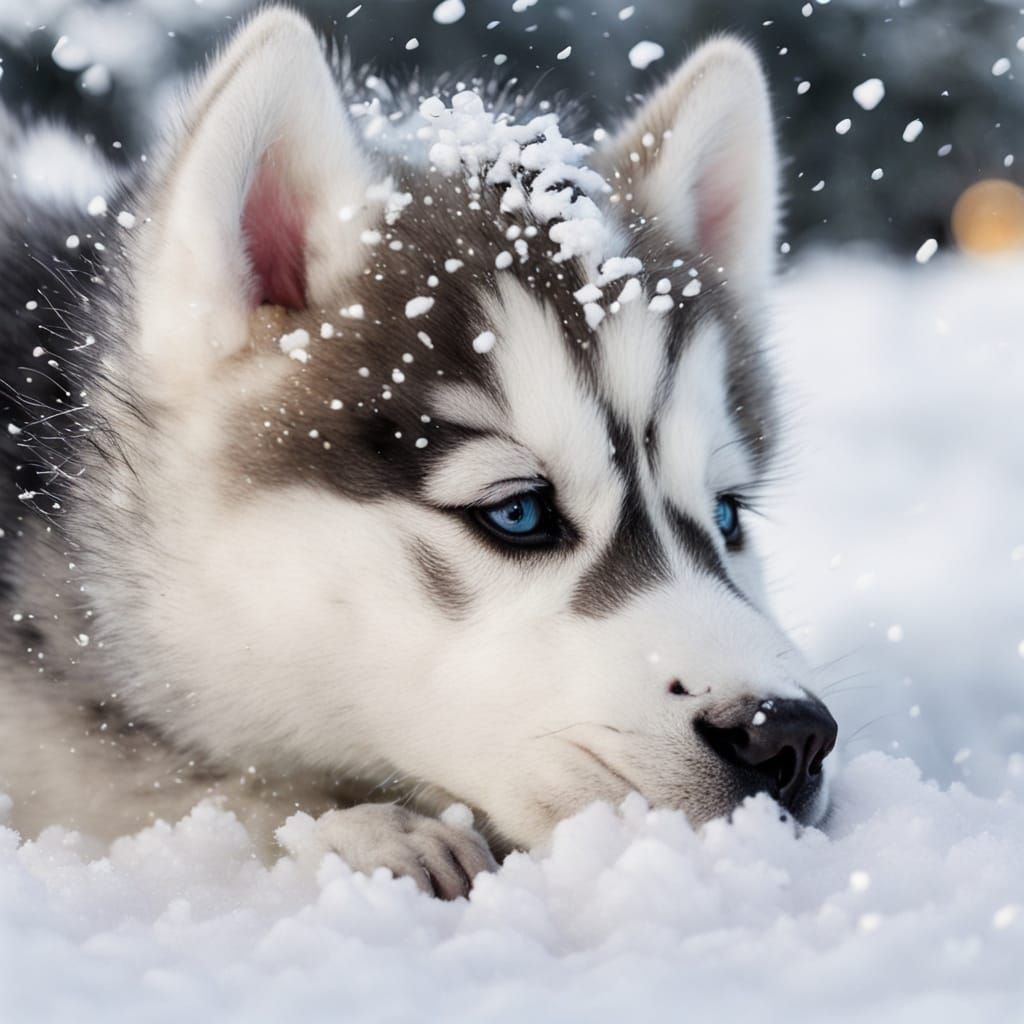 Cute Newborn Husky in Snow