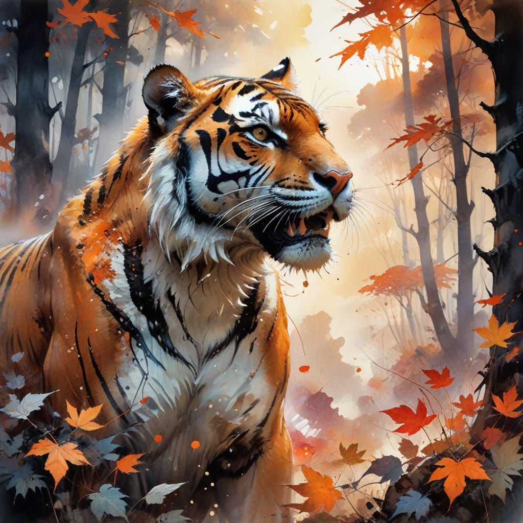 Tiger in Autumn Forest with Sunset Reverie