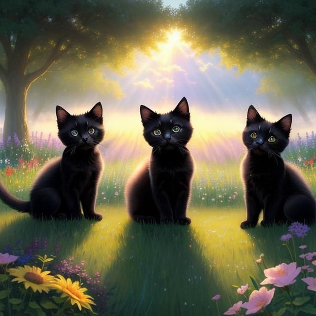 Black Kittens Play in Sunny Flower Field