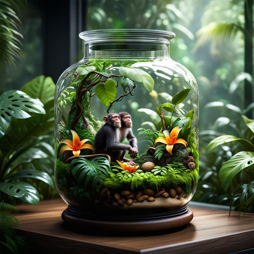 Lush Jungle Terrarium with Monkeys, 4K Render