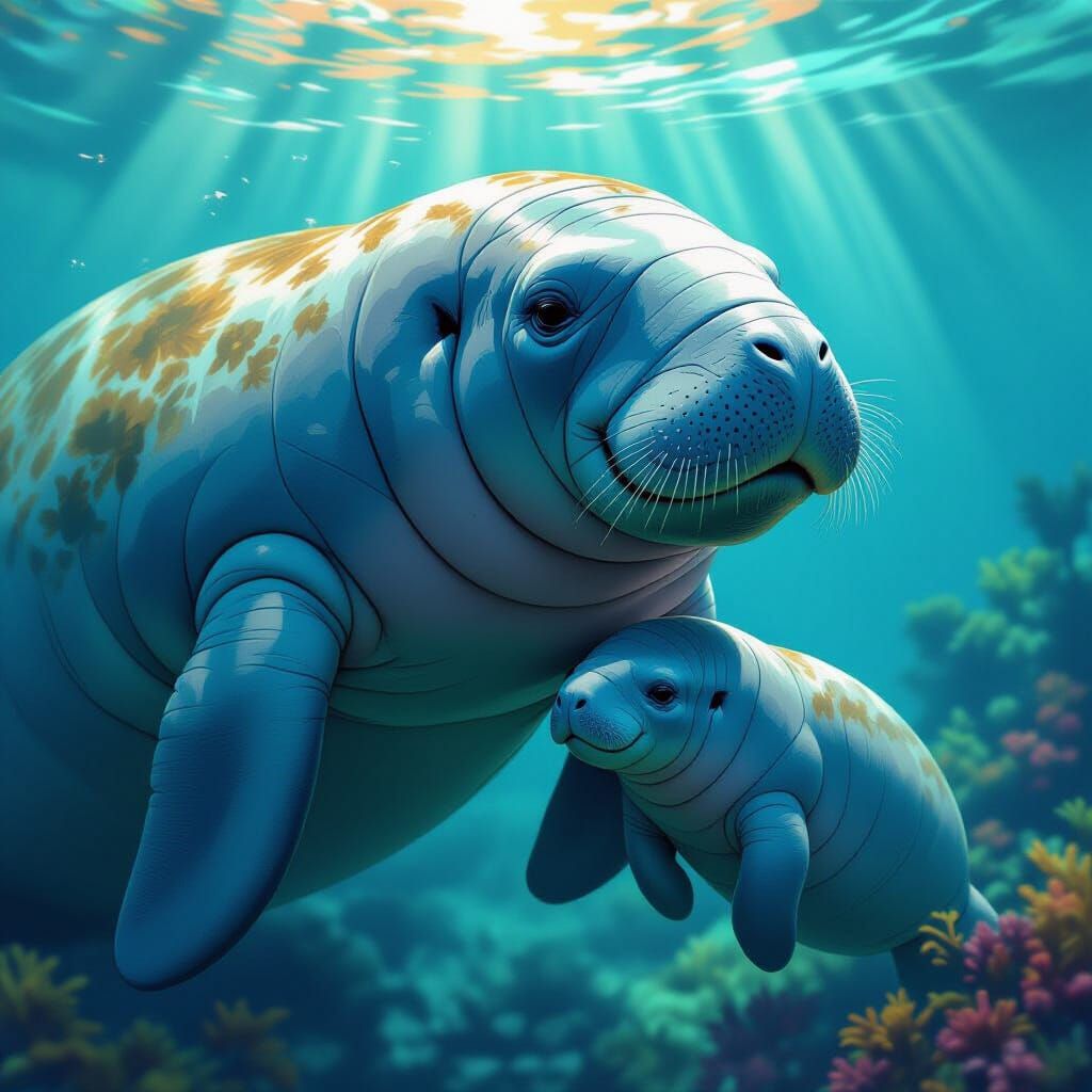 Hyperrealistic Manatees in Colorful Setting