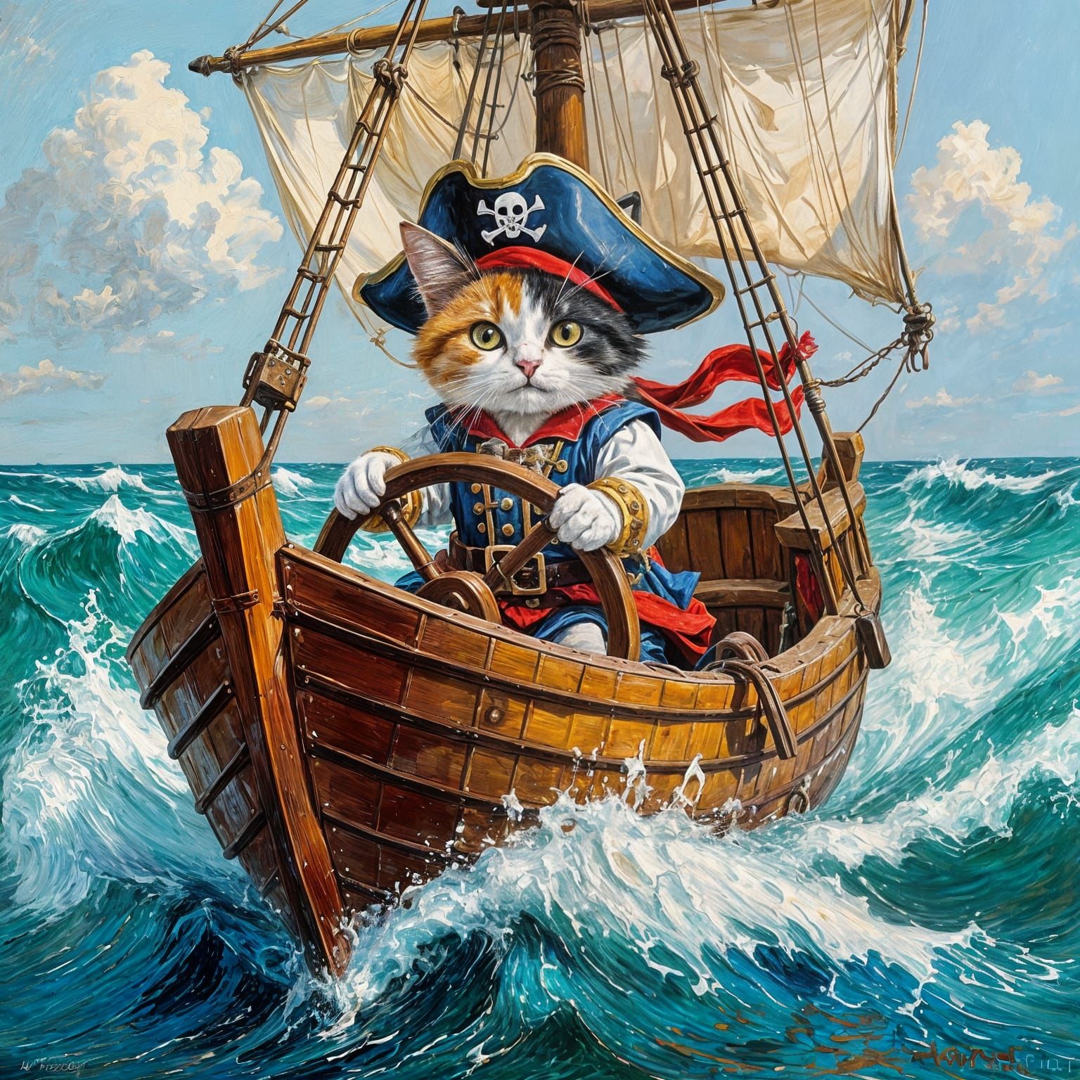 Calico Cat Pirate Captain on Rough Seas as Impasto Oil Paint...