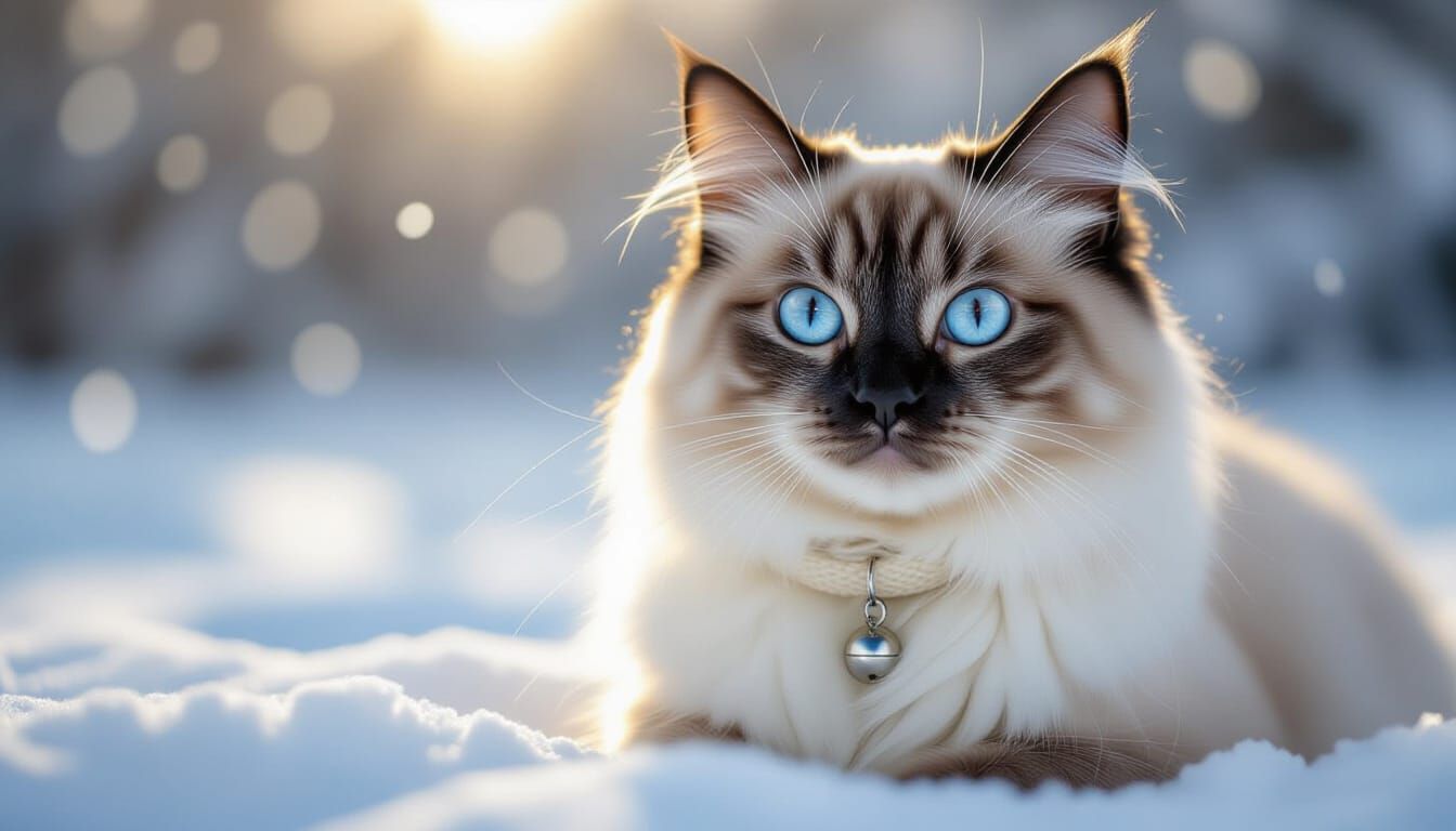 Sacred Birman Cat in Snowy Portrait