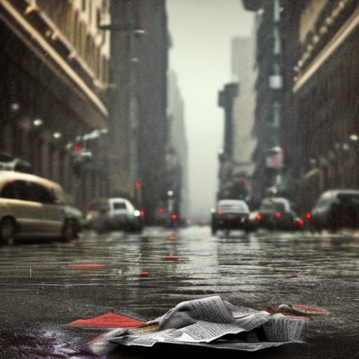 Torn Newspaper Fragment in Rain Puddle